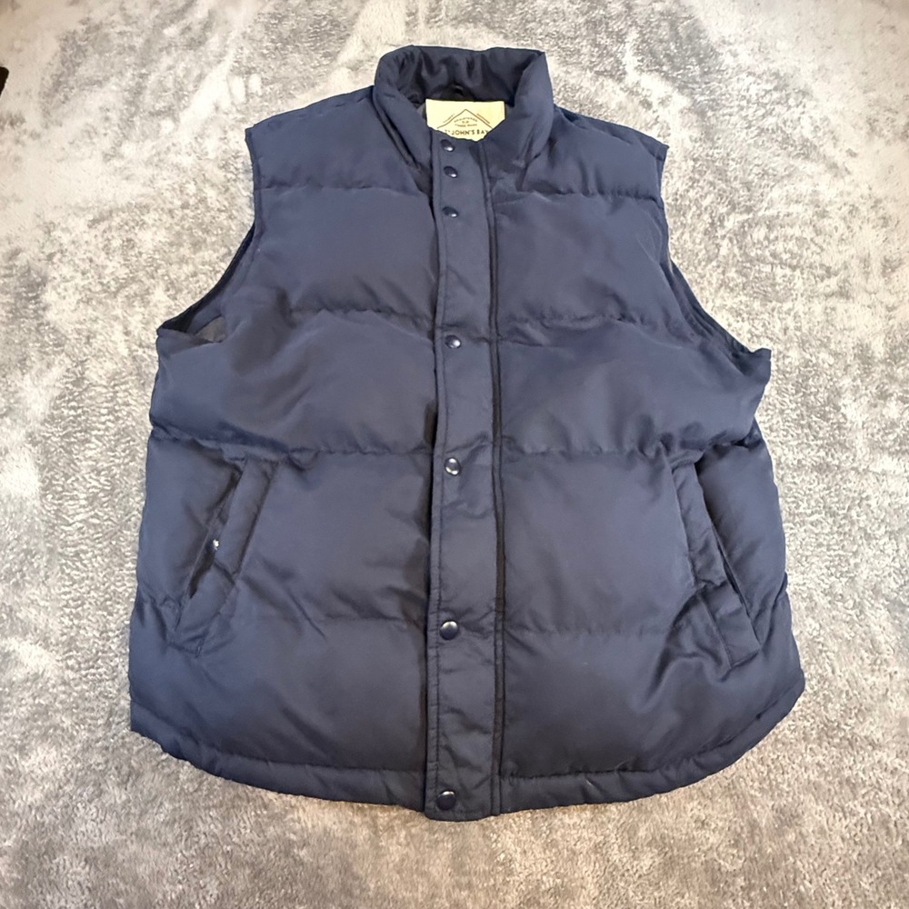 St Johns Bay Mens Navy Blue Puffer Vest Large Full Zip Snap Pockets Quilted L